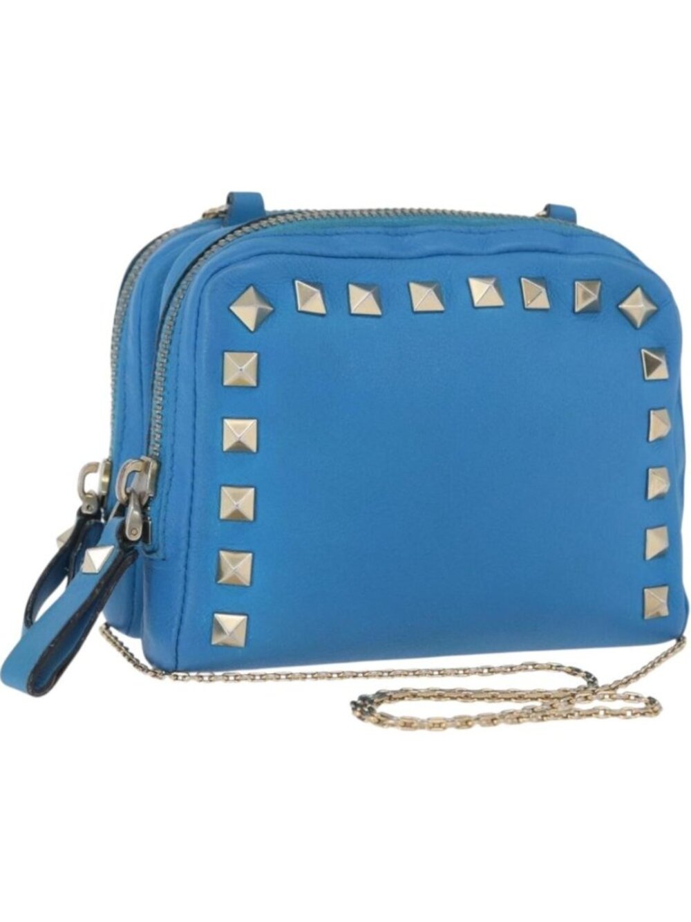VALENTINO Chain Shoulder Bag Leather Blue Gold